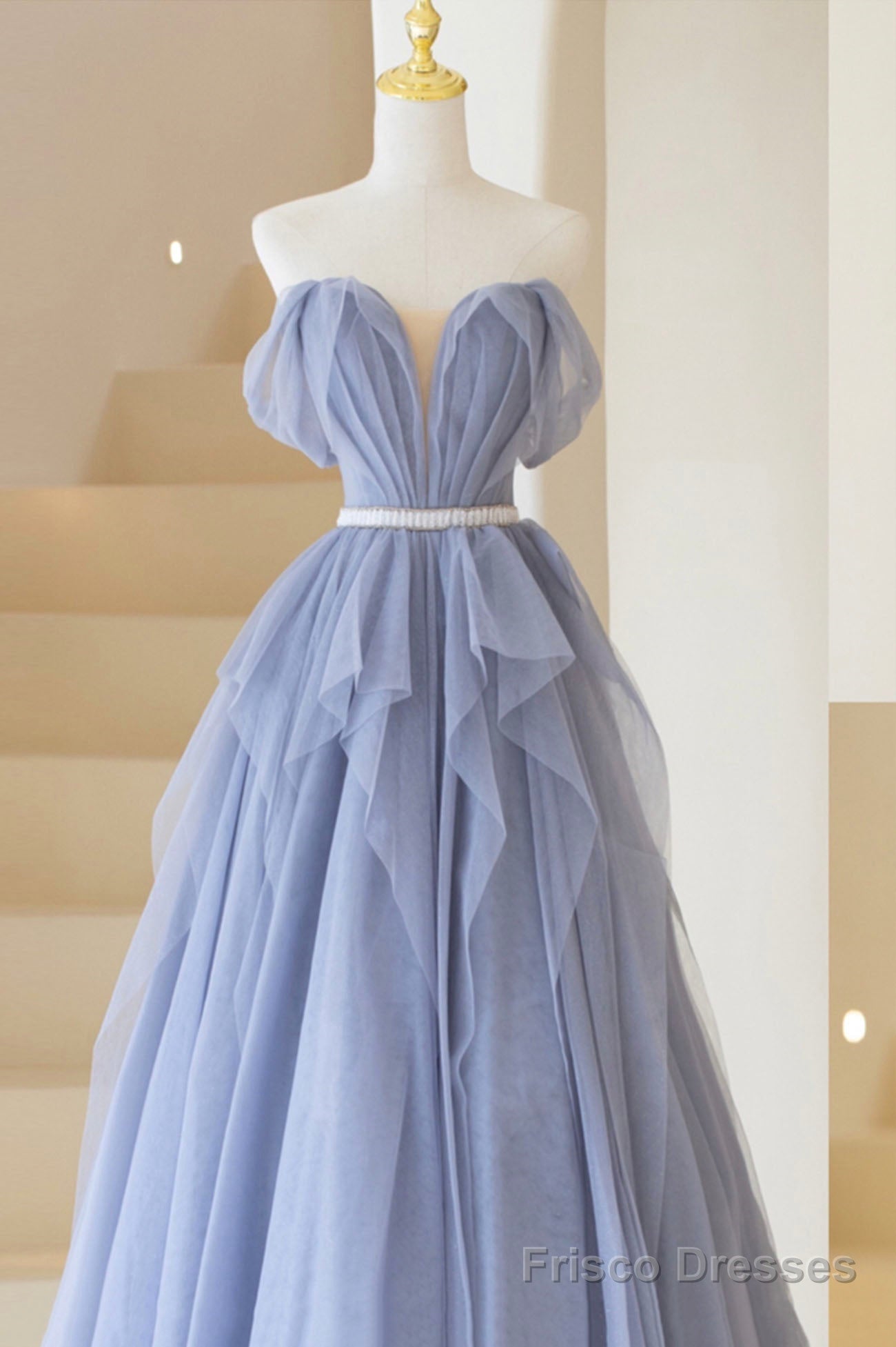 Blue Off Shoulder Tulle Long Formal Dress, A-Line Blue Evening Dress