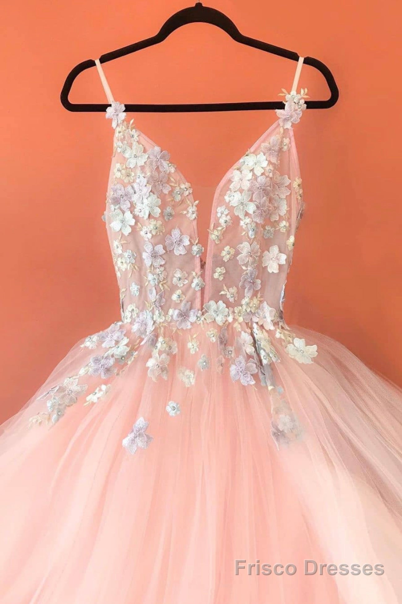 Pink V-Neck Tulle Lace Long Prom Dresses, Pink Evening Dresses Main image