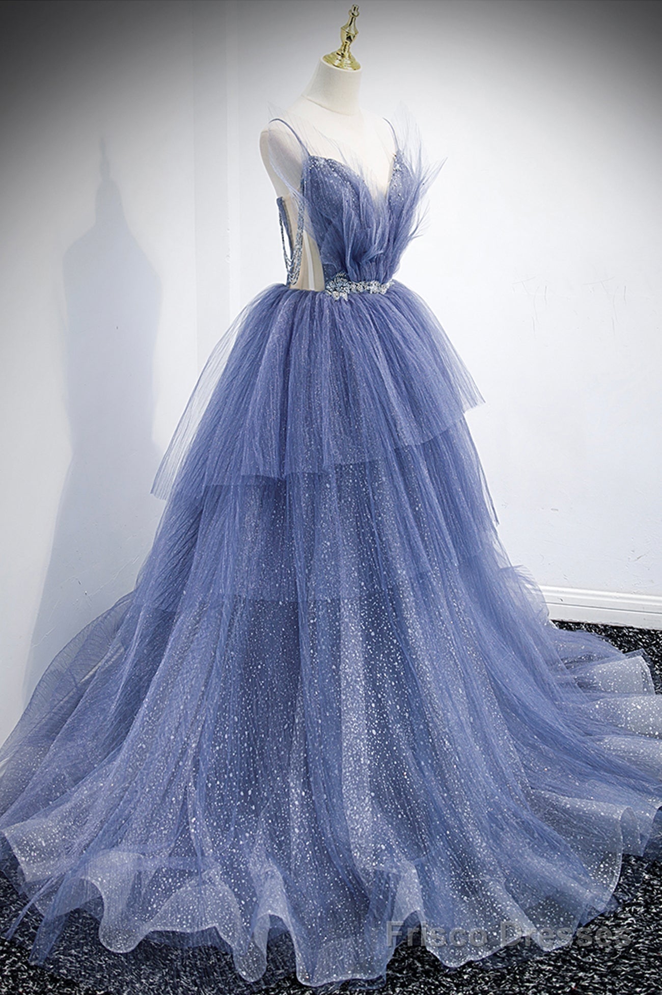 Blue Layers Tulle Long Prom Dresses, A-Line Spaghetti Straps Evening Dresses Secondary image