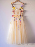 Champagne Corset Floral Tulle Party Dress, Cute A-Line Homecoming Dress