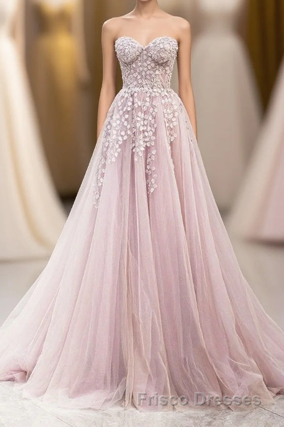 Cute Tulle Sweetheart Long Party Dress with Lace, Beautiful A-Line Formal Prom Dress Main image