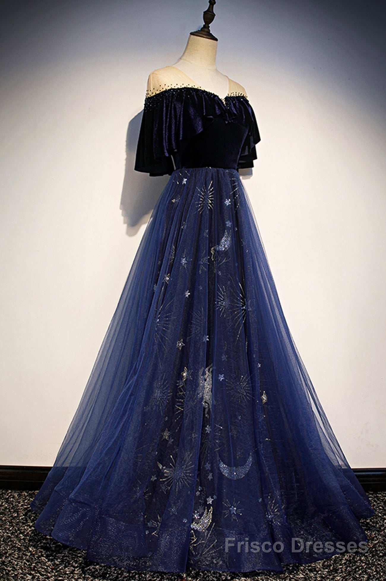 Blue Velvet Tulle Long Prom Dresses, Blue Formal Evening Dresses Main image