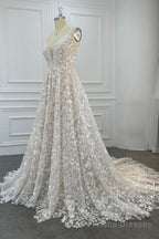 Elegant V-Neck Lace Long Prom Dresses, A-Line Evening Dresses