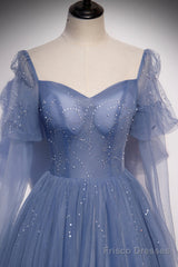 Blue Tulle Beading Long Prom Dresses, A-Line Formal Evening Dresses
