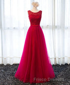 A Line Round Neck Tulle Long Formal Prom Dress, Lace Evening Dress
