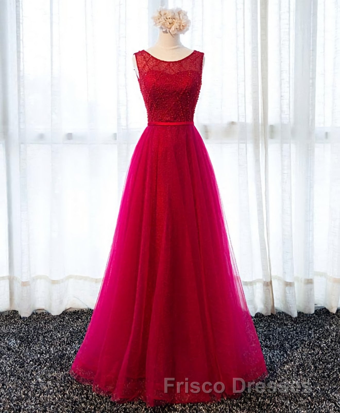 A Line Round Neck Tulle Long Formal Prom Dress, Lace Evening Dress