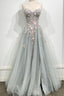 Gray Strapless Lace Long A Line Prom Gown, Graduation Dress