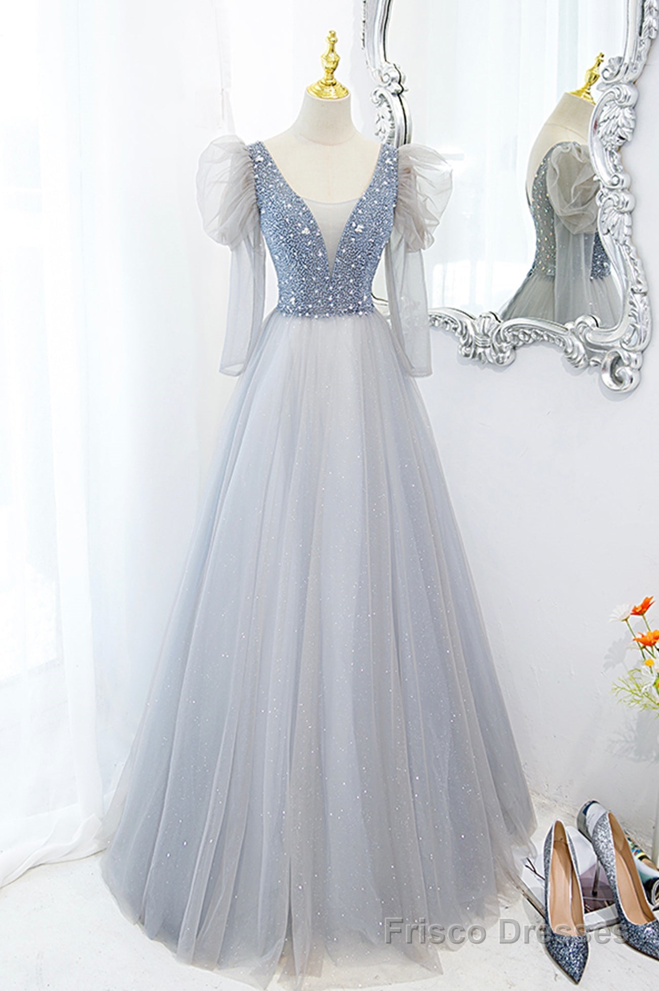 Cute V-Neck Tulle Beaded Long Prom Dress, Gray A-Line Evening Party Dress Main image