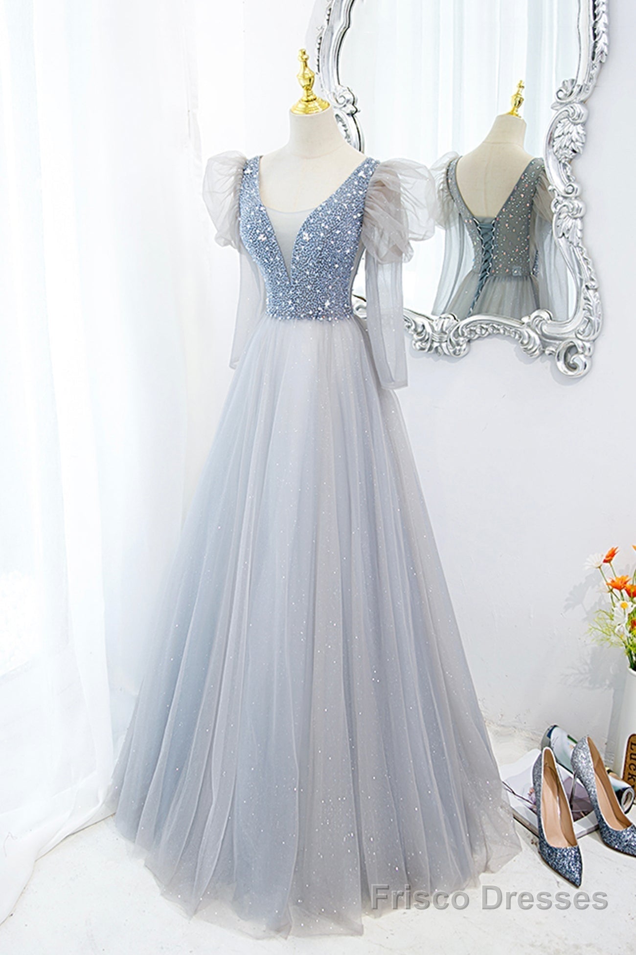 Cute V-Neck Tulle Beaded Long Prom Dress, Gray A-Line Evening Party Dress Secondary image