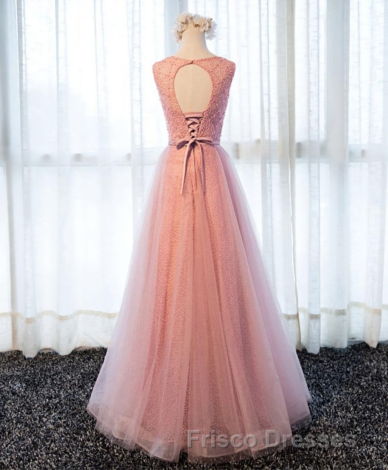 A Line Round Neck Tulle Long Formal Prom Dress, Lace Evening Dress