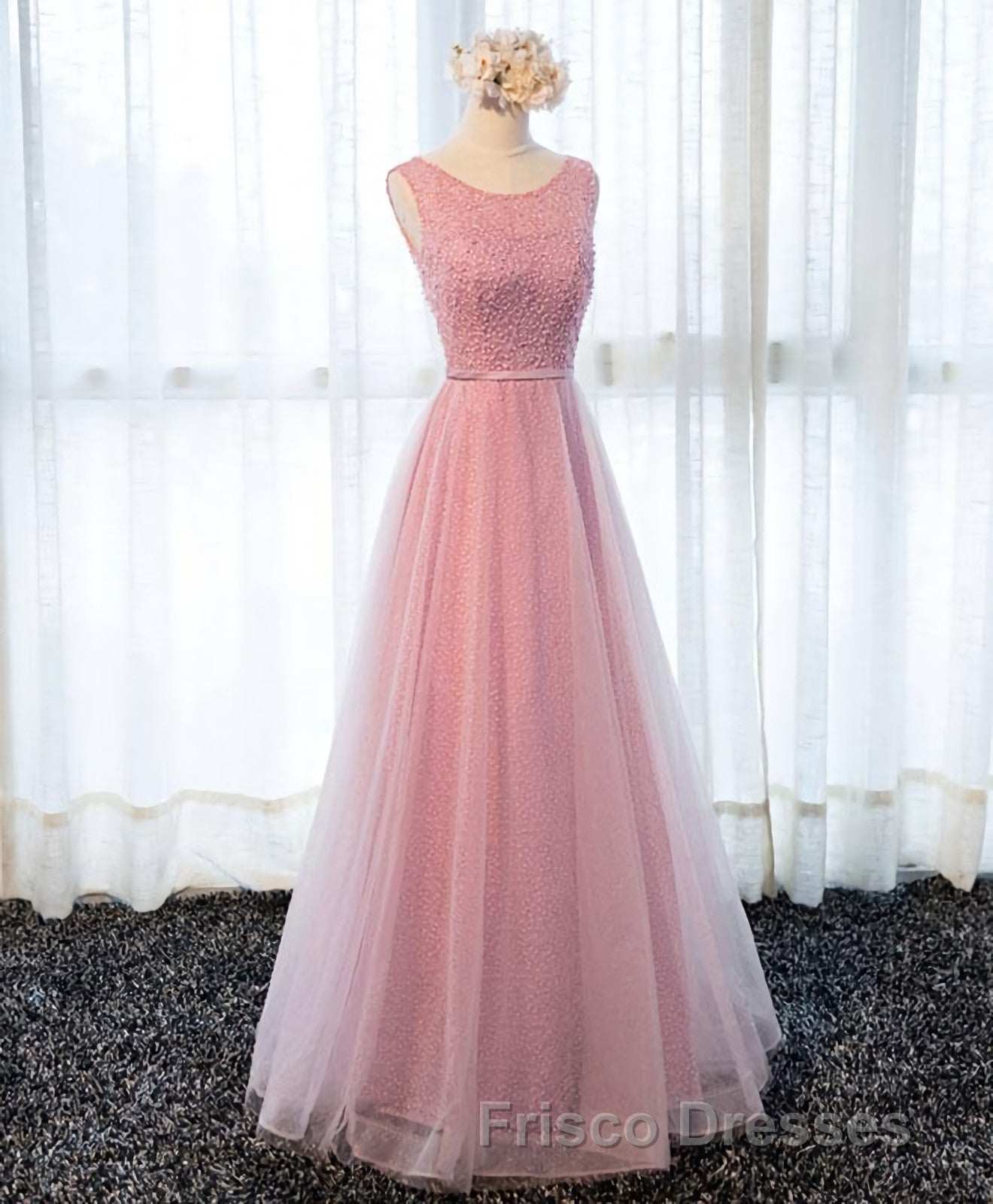 A Line Round Neck Tulle Long Formal Prom Dress, Lace Evening Dress