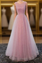 A Line Round Neck Tulle Long Formal Prom Dress, Lace Evening Dress