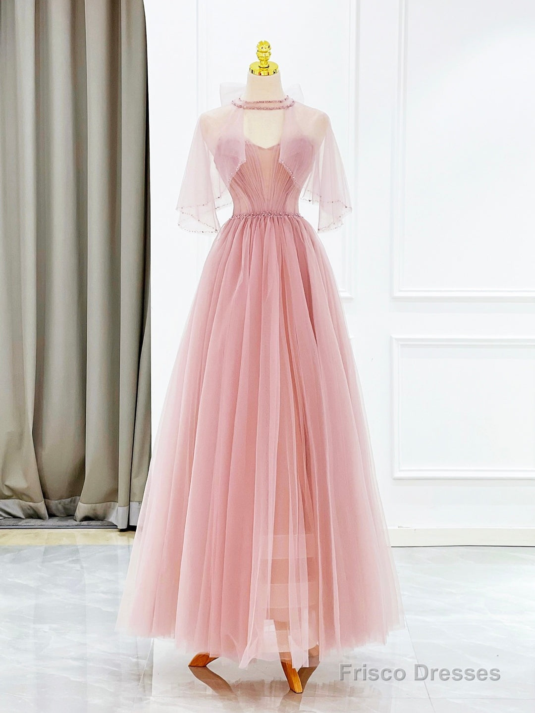 Pink Tulle Long Prom Dress with Beaded, Lovely A-Line Evening Dress Main image