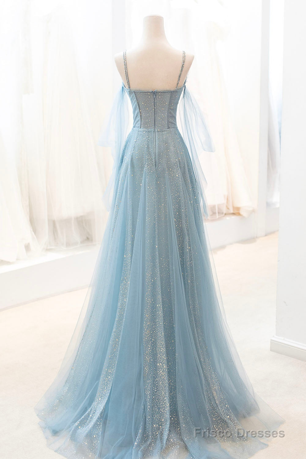 Blue Spaghetti Strap Tulle Long Prom Dress, V-Neck Evening Party Dress Main image