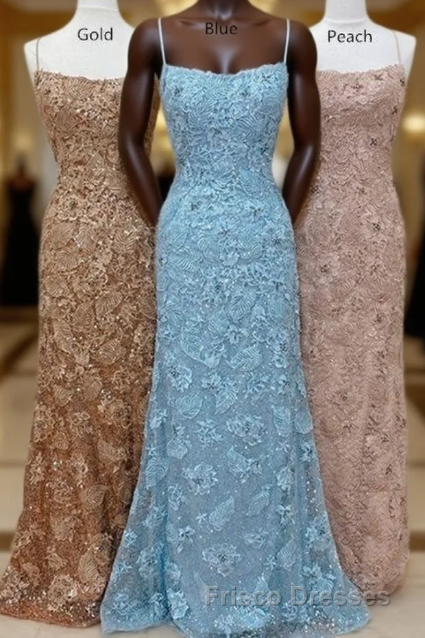 Straps Mermaid Blue Lace Appliques Long Formal Prom Dress Main image