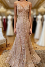 Mermaid V-Neck Rose Gold Long Formal Prom Dress with Criss Cross Back