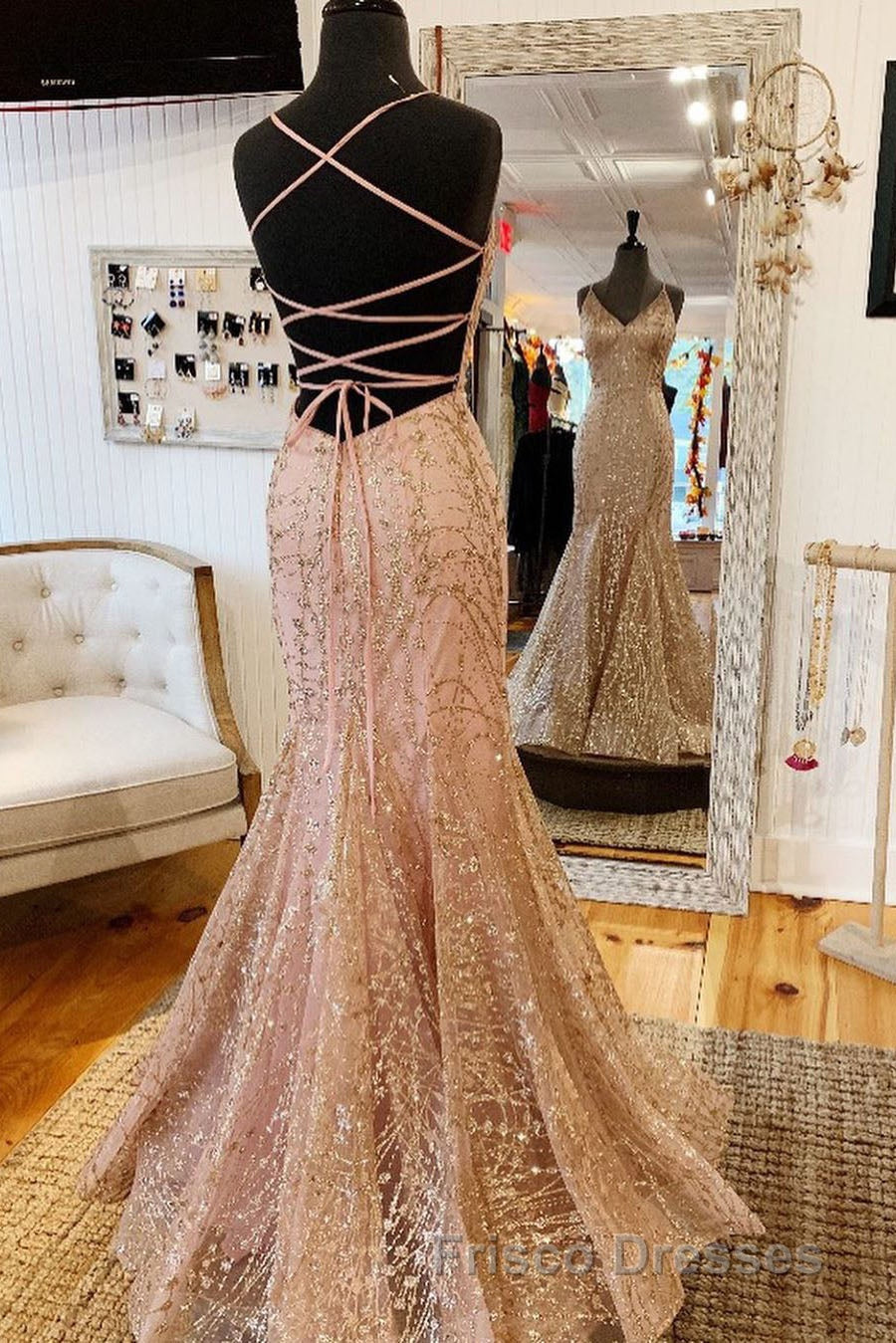 Mermaid V-Neck Rose Gold Long Formal Prom Dress with Criss Cross Back Secondary image