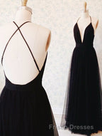 Simple A-line V Neck Navy Blue Long Formal Prom Dress