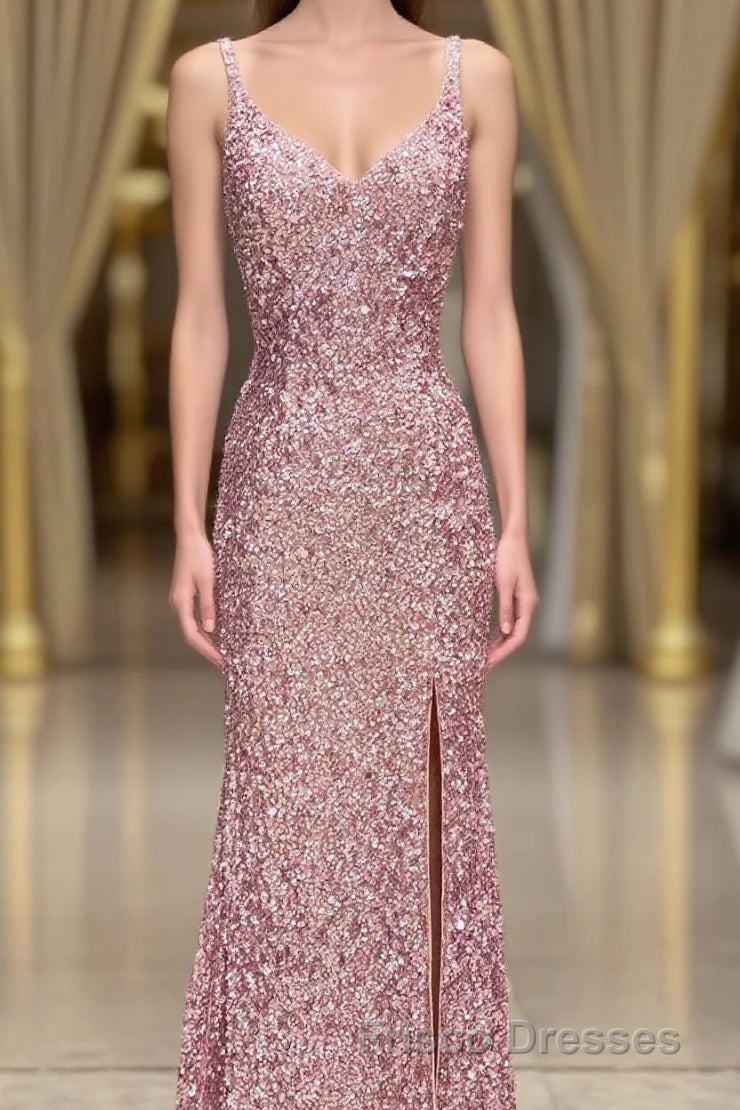 Gorgeous Mermaid V-Neck Pearl Pink Long Formal Prom Dress with Slit Main image