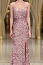 Gorgeous Mermaid V-Neck Pearl Pink Long Formal Prom Dress with Slit