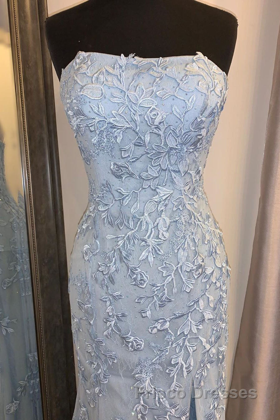 Elegant Strapless Mermaid Sky Blue Long Lace Formal Prom Dress with Slit