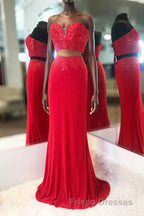 Elegant Two Piece Sweetheart Beaded Red Formal Prom Dress with Lace-up Back