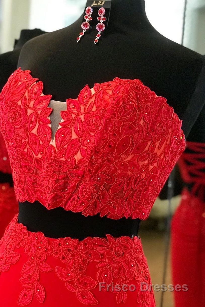 Elegant Two Piece Sweetheart Beaded Red Formal Prom Dress with Lace-up Back Secondary image
