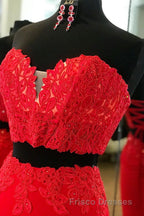Elegant Two Piece Sweetheart Beaded Red Formal Prom Dress with Lace-up Back