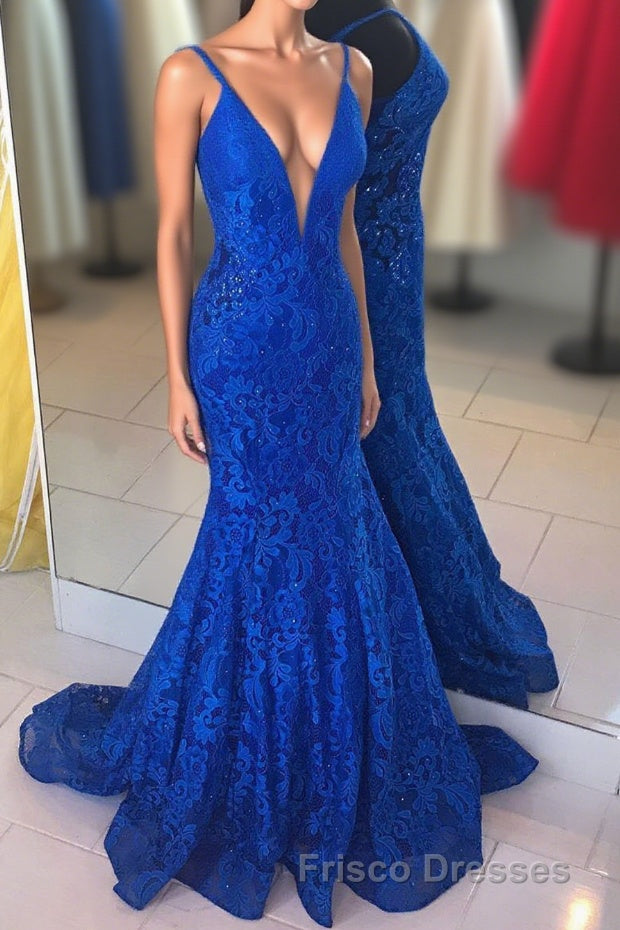 Elegant V Neck Mermaid Royal Blue Long Lace Formal Prom Dress