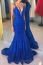 Elegant V Neck Mermaid Royal Blue Long Lace Formal Prom Dress