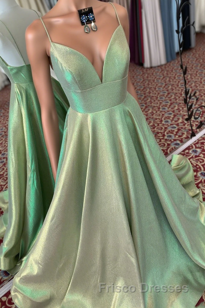 Elegant A-Line Empire V-Neck Green Long Formal Prom Dress with Straps