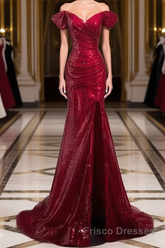 Dark Red Sequins Mermaid Sweetheart Formal Prom Dresses, Dark Red Evening Dresses