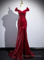 Dark Red Sequins Mermaid Sweetheart Formal Prom Dresses, Dark Red Evening Dresses