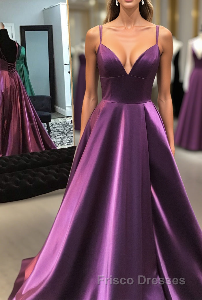 Gorgeous V Neck Lace-up Back Plum Long Formal Prom Dress Main image