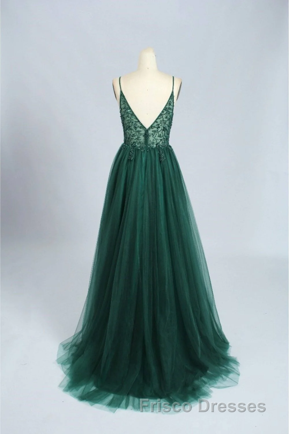 Green V-Neckline Beaded Tulle Floor Length Party Dress, A-Line Green Formal Prom Dress Secondary image