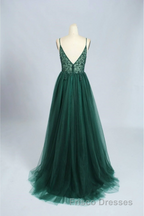 Green V-Neckline Beaded Tulle Floor Length Party Dress, A-Line Green Formal Prom Dress