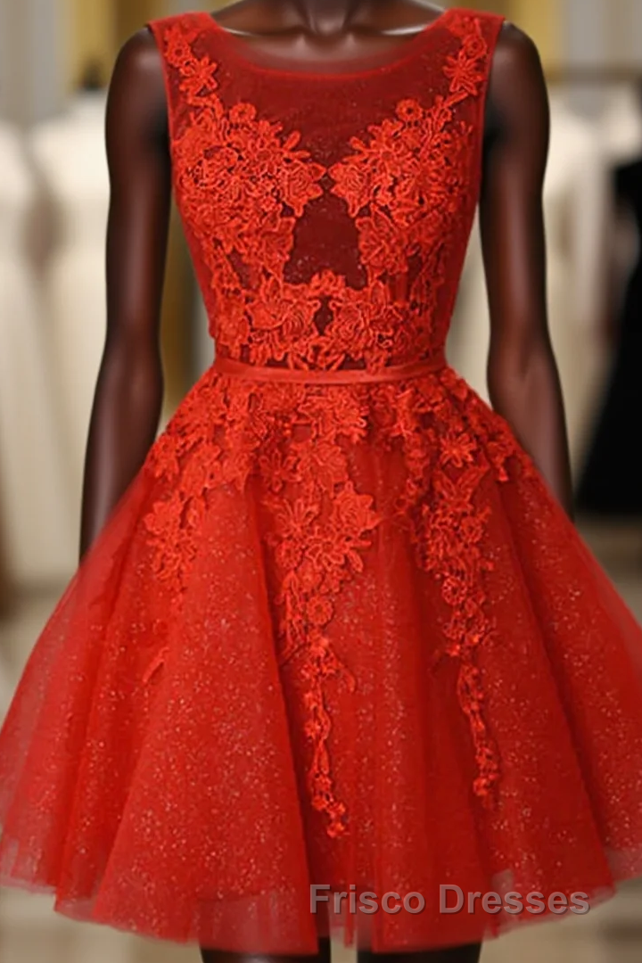Red Lace Round Neckline Short Party Dress, Red Short Homecoming Dress Main image