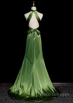 Green Soft Satin Halter Long Evening Dress Party Dress, Green A-line Formal Prom Dress
