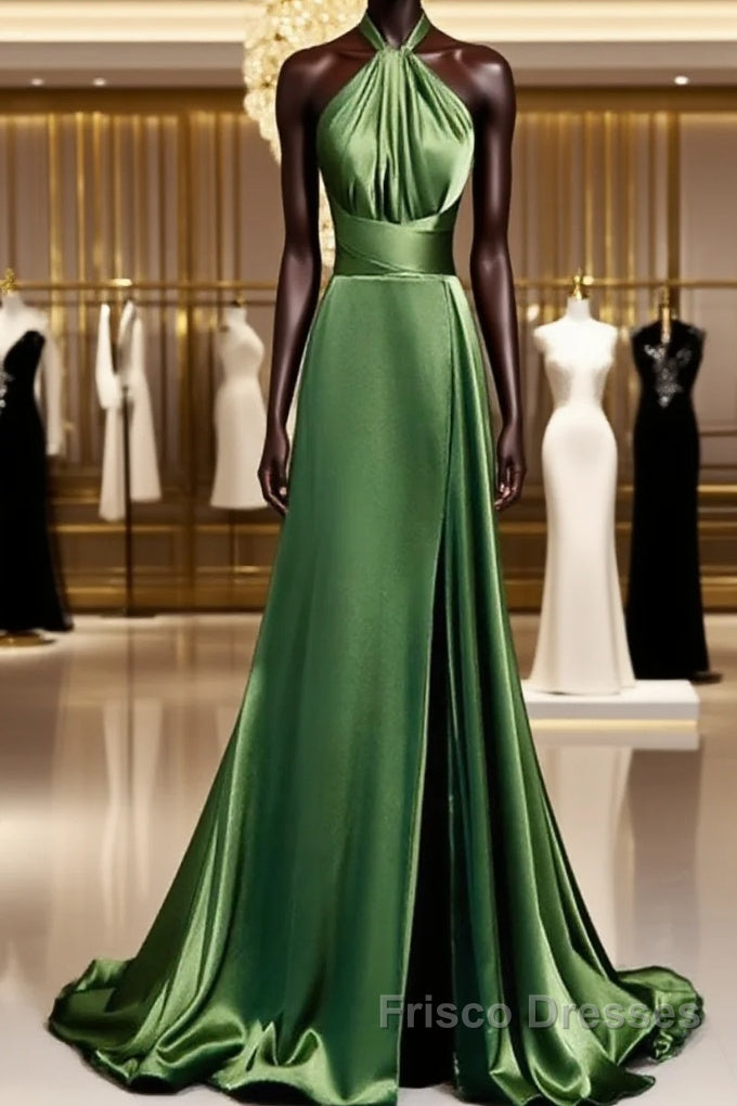 Green Soft Satin Halter Long Evening Dress Party Dress, Green A-line Formal Prom Dress Main image