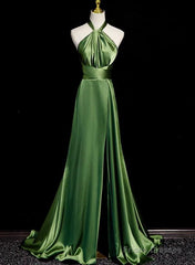Green Soft Satin Halter Long Evening Dress Party Dress, Green A-line Prom Dress