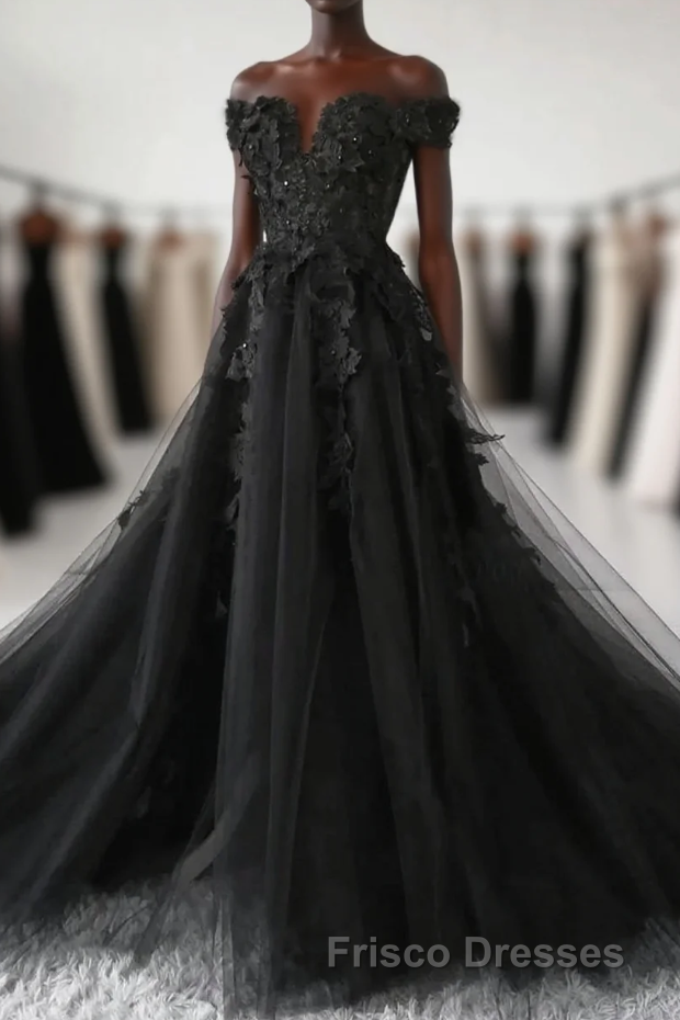 Black Off Shoulder Tulle Long Evening Dress Formal Prom Dress, Black Lace Formal Prom Dress
