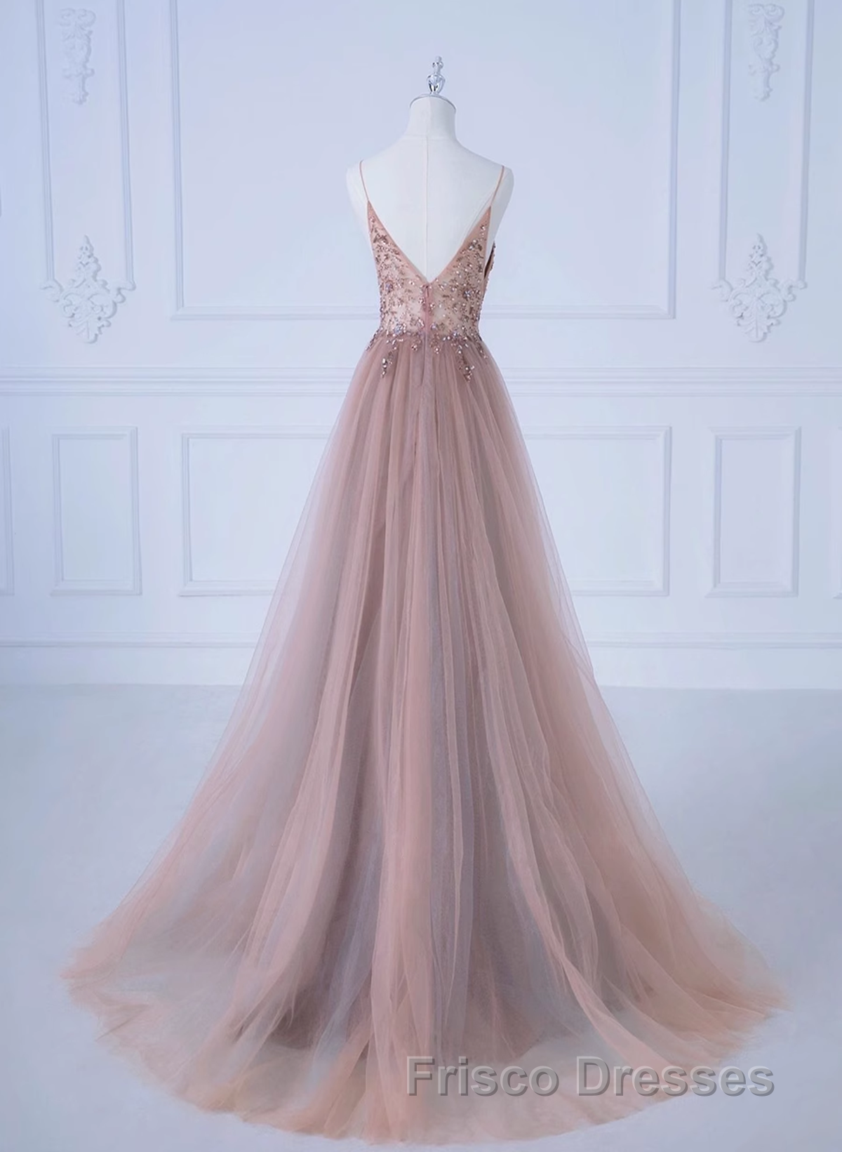 Pink V-Neckline Beaded Straps Long Party Dress, A-Line Pink Tulle Floor Length Formal Prom Dress