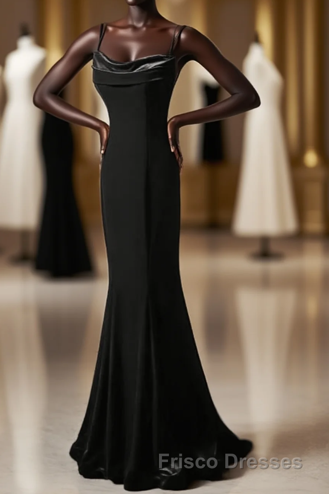 Black Straps Velvet Low Back Long Formal Prom Dress, Black Velvet Evening Dress Formal Prom Dress