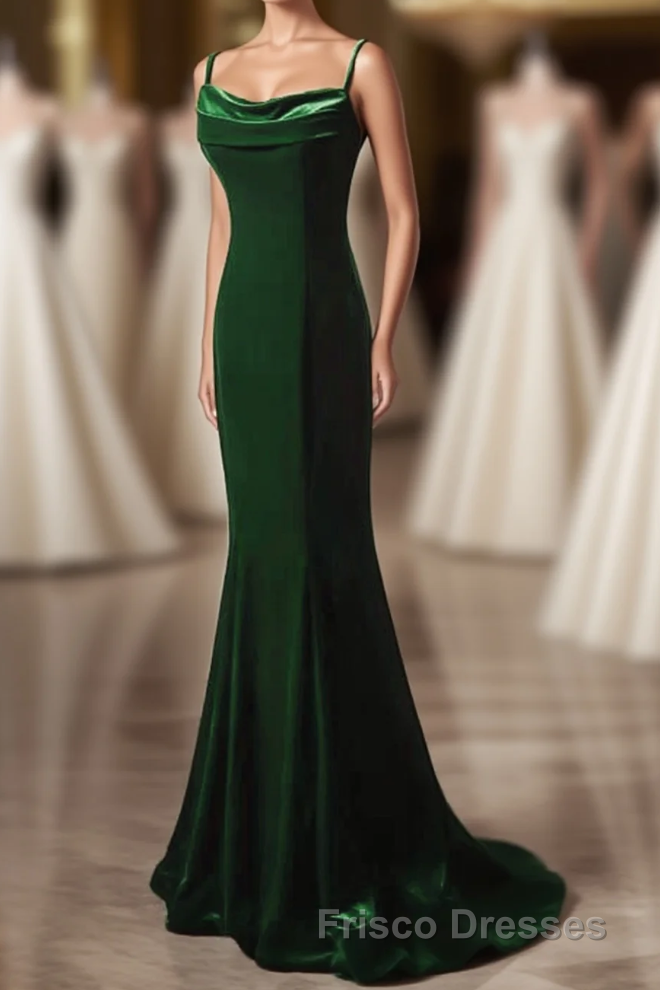 Green Mermaid Long Velvet Party Dress, Green Straps Long Formal Prom Dress Formal Prom Dress