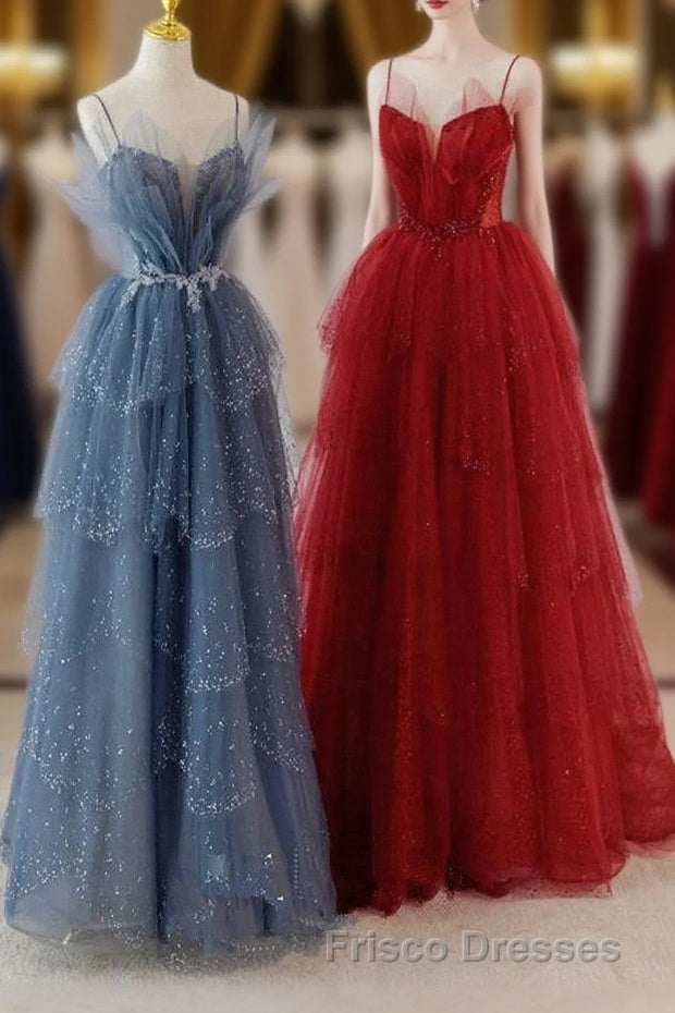 A-Line Tulle Layers Beaded Straps Long Party Dress, Tulle Formal Prom Dress Evening Dress Main image