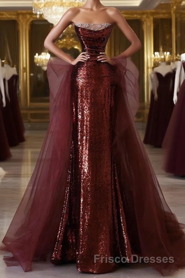 Wine Red Sequins and Tulle Beaded Long Party Dresses, Wine Red Evening Dresses Main image