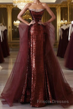 Wine Red Sequins and Tulle Beaded Long Party Dresses, Wine Red Evening Dresses