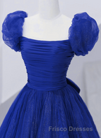 Royal Blue Scoop Tulle Short Sleeves Long Formal Prom Dress, Royal Blue A-Line Party Dress