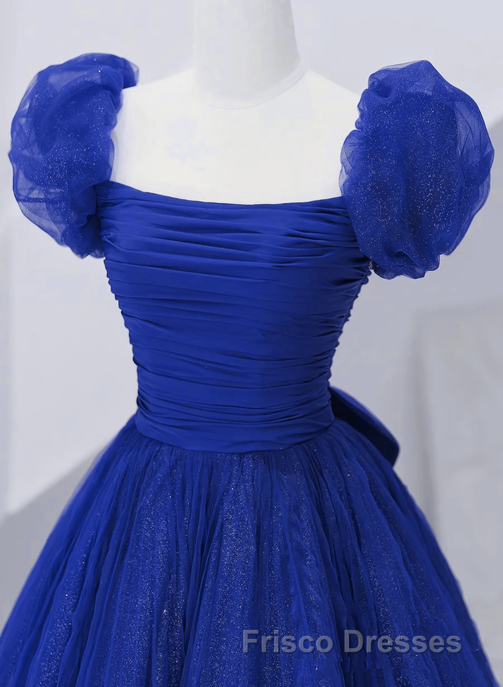 Royal Blue Scoop Tulle Short Sleeves Long Formal Prom Dress, Royal Blue A-Line Party Dress