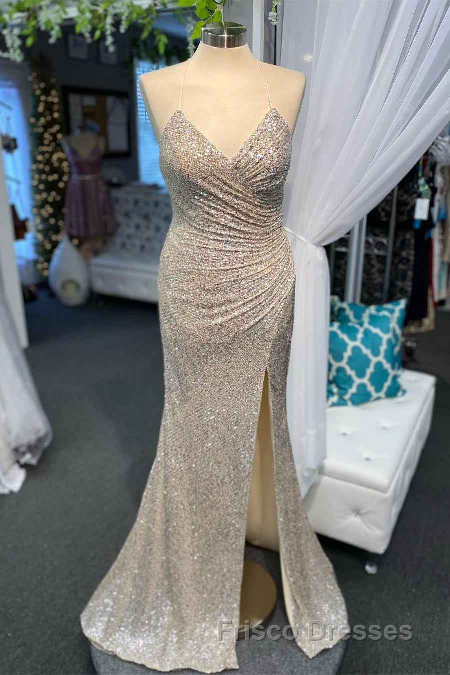 High Slit Blue Sequins Straps Mermaid Formal Prom Dress Secondary image